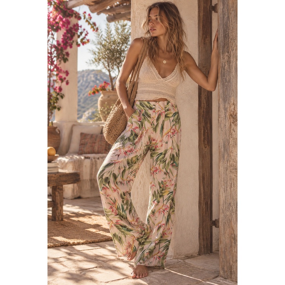 Zara Basic Tropical Bird of Paradise Wide Leg Pants Pink Floral High Rise Large